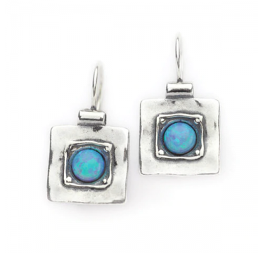 Silver Square Earrings with Round Opal